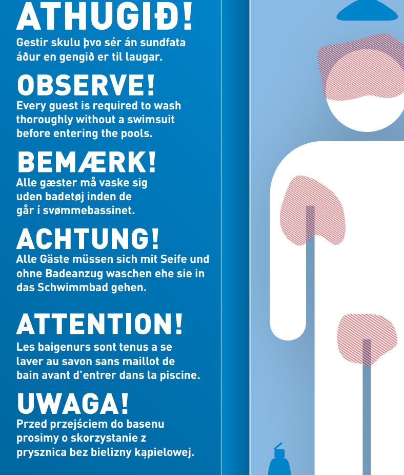 Iceland swimming pool shower safety sign reminding visitors to wash before bathing