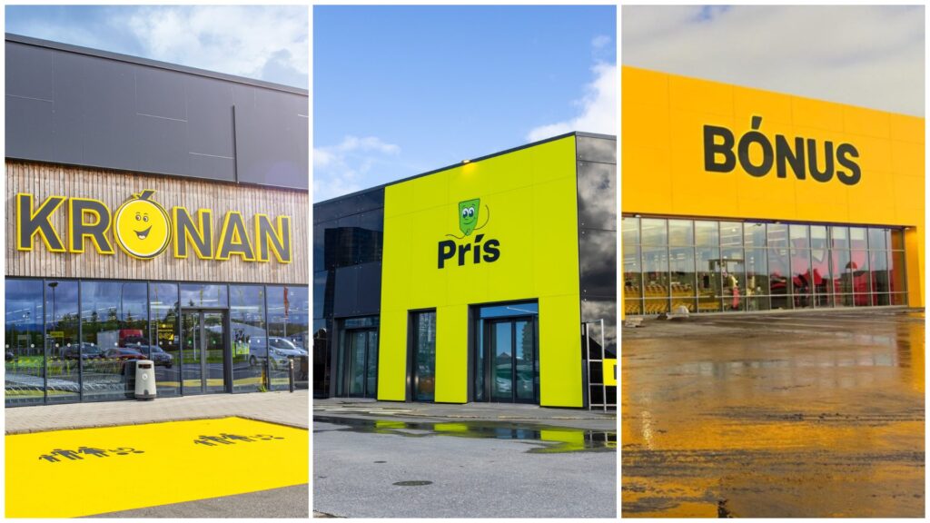 Bónus, Krónan and Prís supermarket storefronts in Iceland