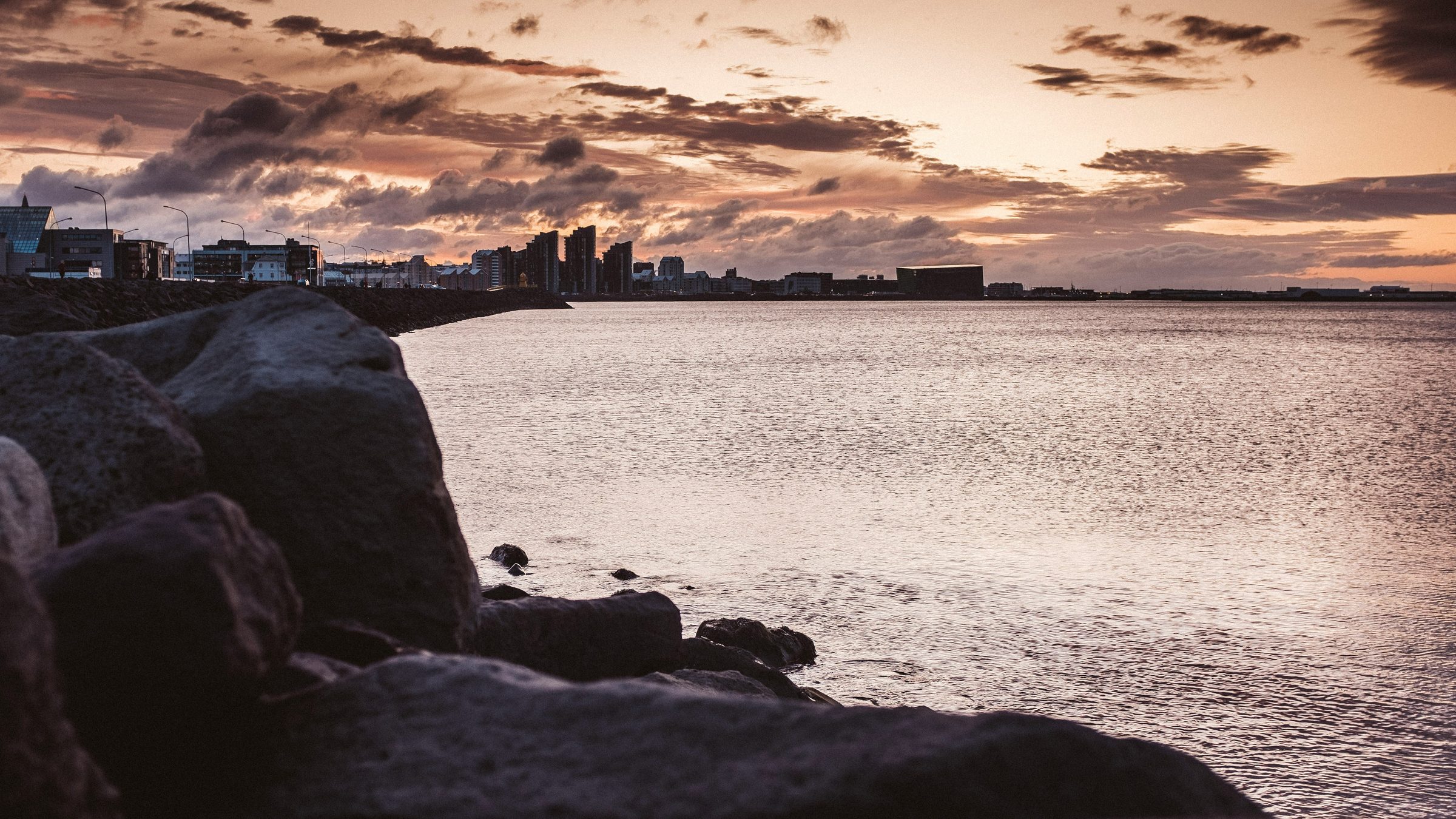 Coastal viewpoint in Reykjavík with open sky