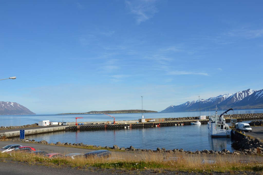 Dalvík harbour with fishing boats and Eyjafjörður in the background