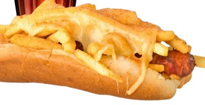 Deep fried Icelandic hot dog with fries inside the bun