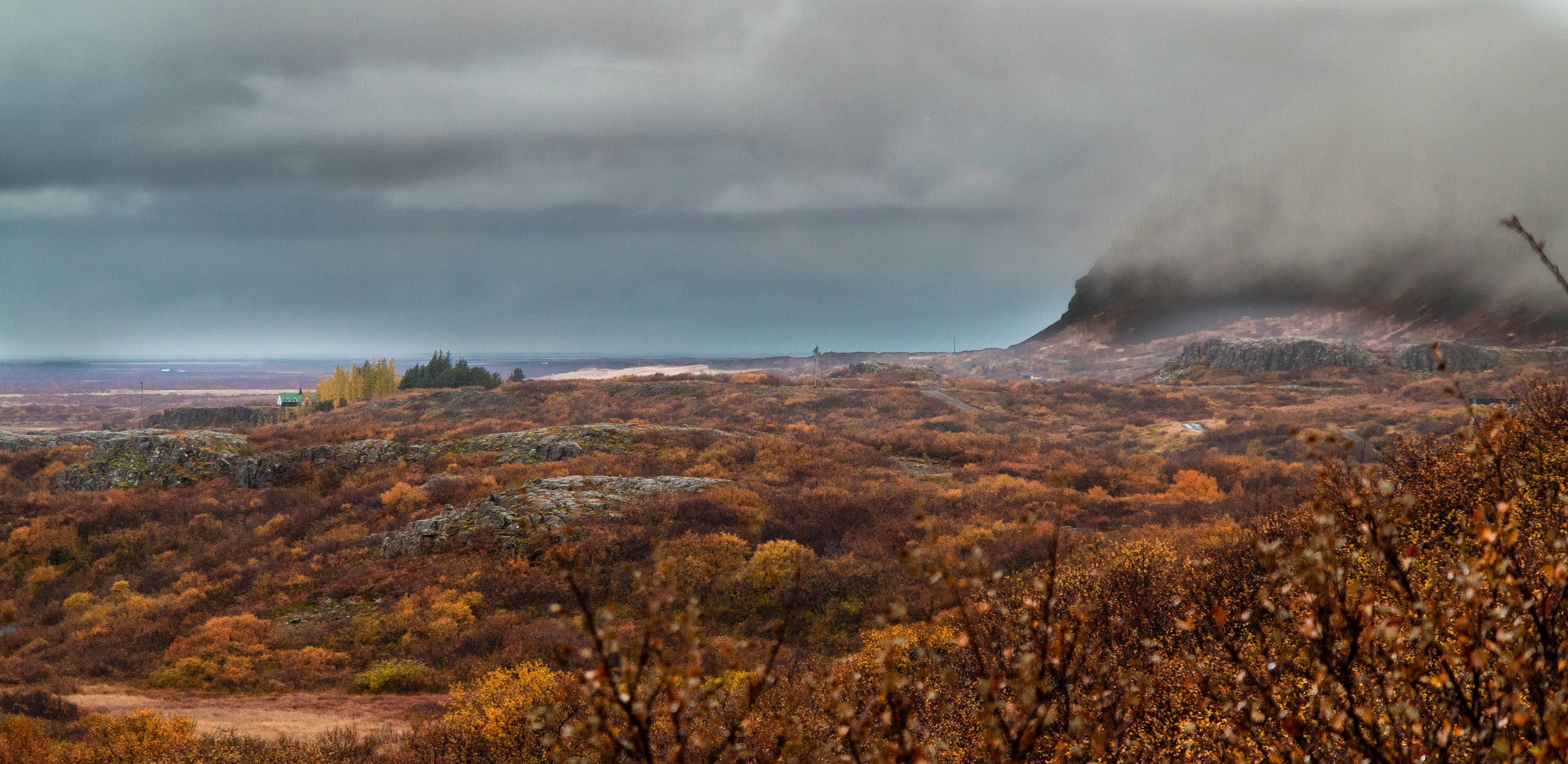 Moody autumn weather over an Icelandic landscape with low clouds and rust-coloured shrubs