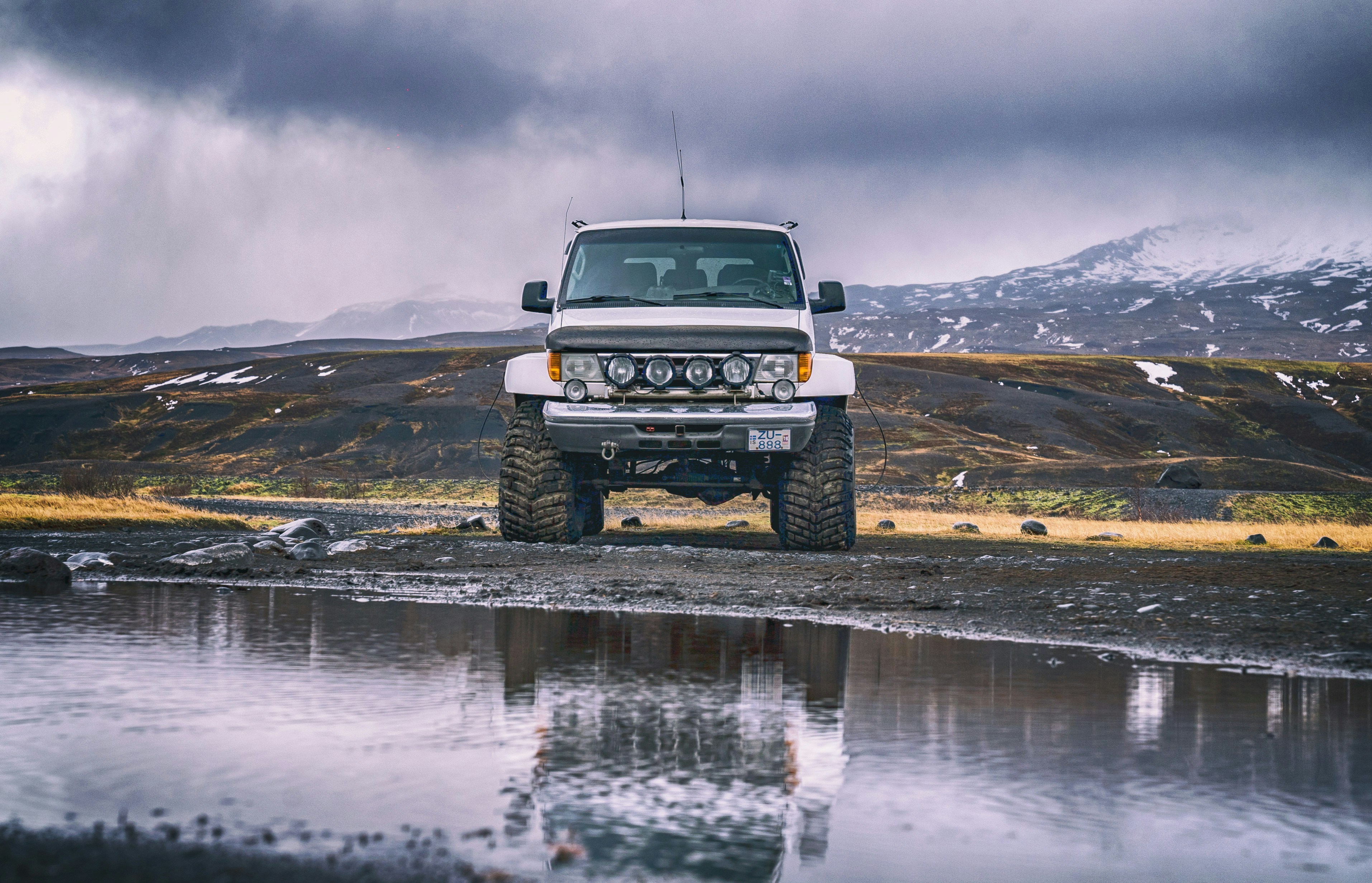 4x4 vehicle crossing a glacial river on an Icelandic F-road