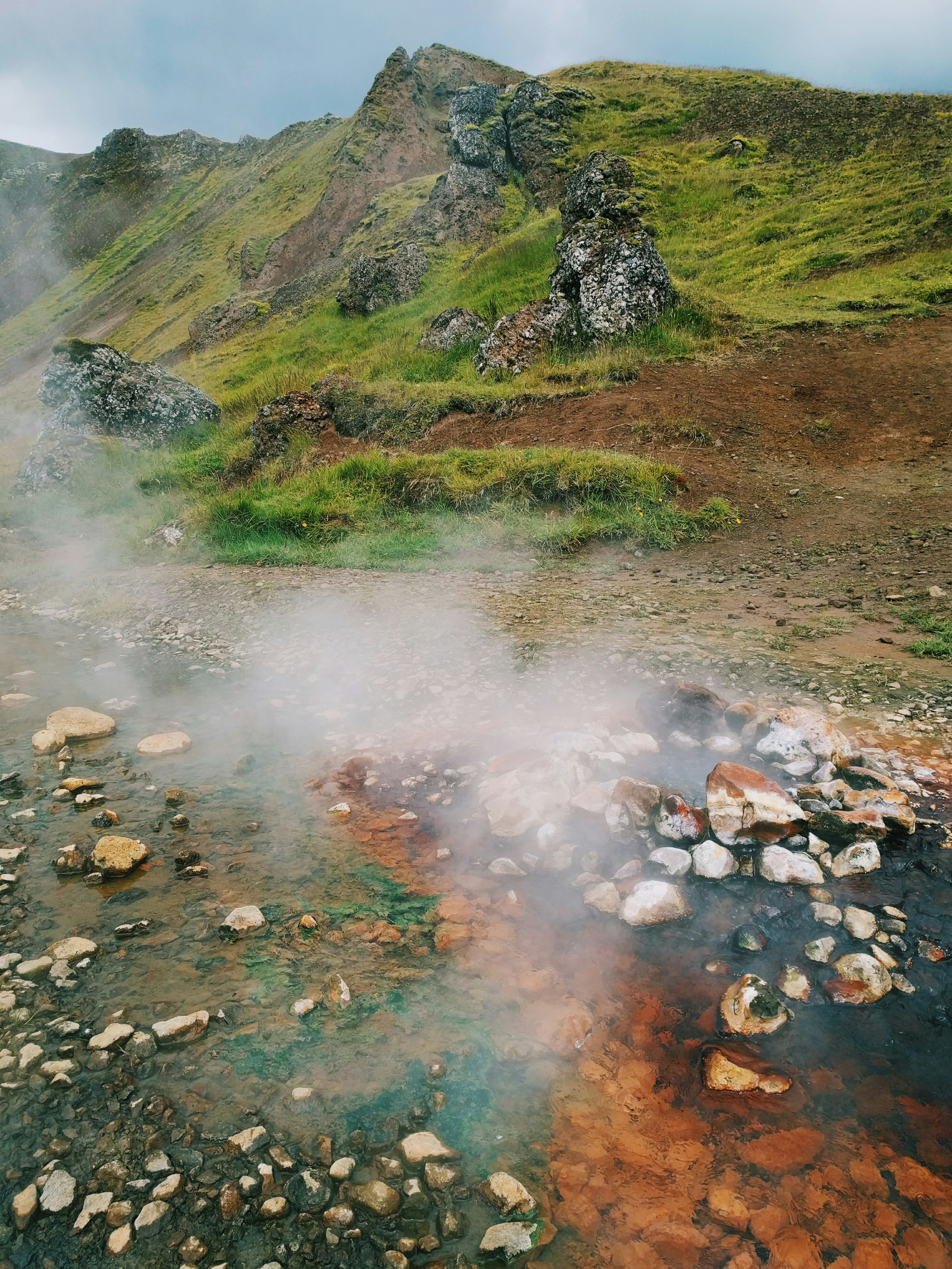 Steam rising from the Reykjadalur hot river valley near Hveragerði