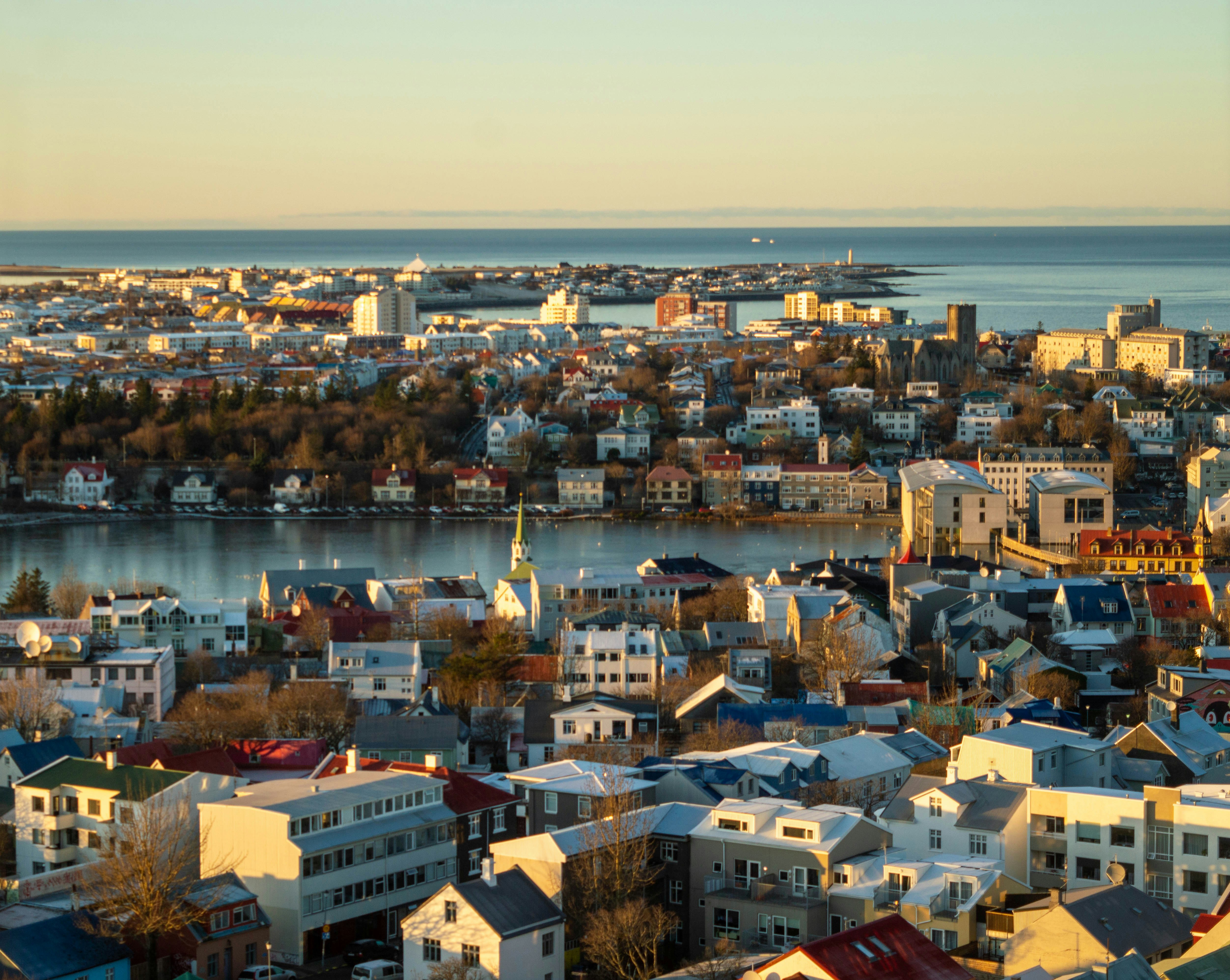 Tjörnin city pond in central Reykjavík seen from above